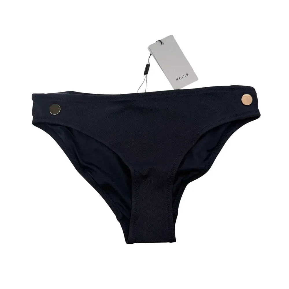 REISS Bathing Suit Set Size 6 NEW Navy Blue Bikini Halter Button Bottom Bailey